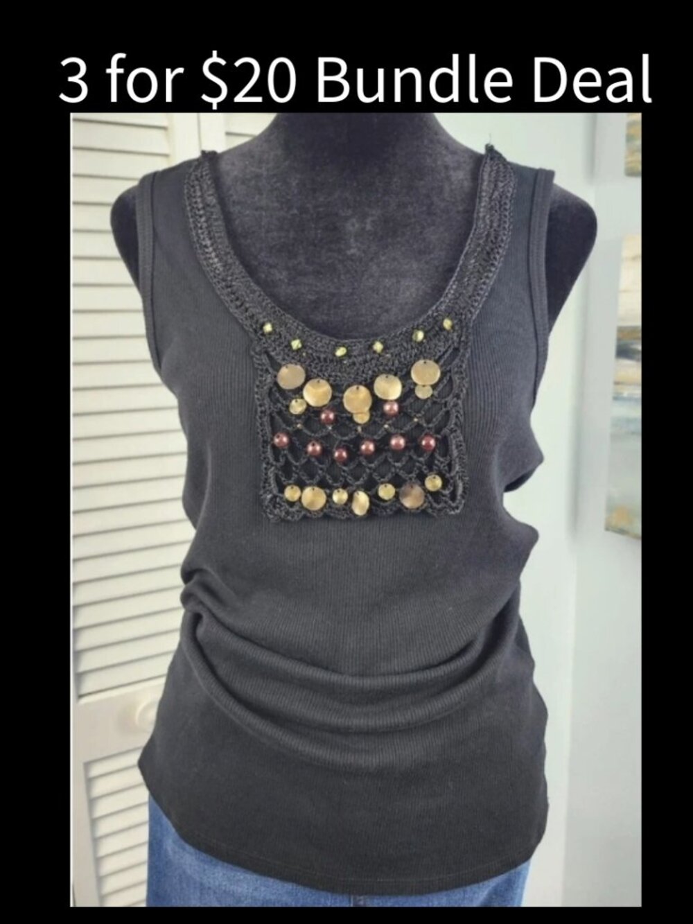 🚨 Moa Moa Black Ribbed Tank XL Crochet Beaded Festival